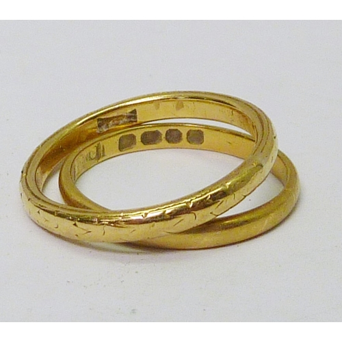 47 - An 18ct gold band ring, 2g; another band ring, indistinctly marked yellow metal.