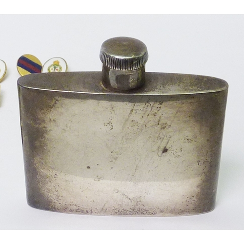 56 - A silver hip flask; base metal cufflinks incl regimental interest; a gold plated pocket watch, a/f; ... 
