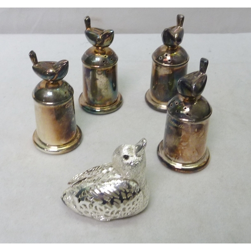 147 - Two pairs of Christofle silver plated bird motif salt and pepper shakers; Halcyon Days Enamels trink... 