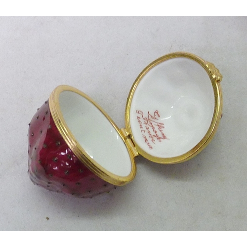 149 - A Tiffany Limoges porcelain box in the shape of a strawberry, 52mm tall, slight a/f; Herend Porcelai... 