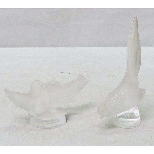 150 - Two Lalique frosted glass figurines one depicting a pair of birds, one depicting a single bird.  40m... 
