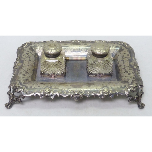 152 - A silver plated double inkwell desk stand bearing presentation inscription dated 1916, 295 x 210mm; ... 
