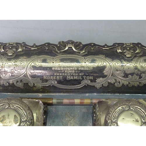 152 - A silver plated double inkwell desk stand bearing presentation inscription dated 1916, 295 x 210mm; ... 