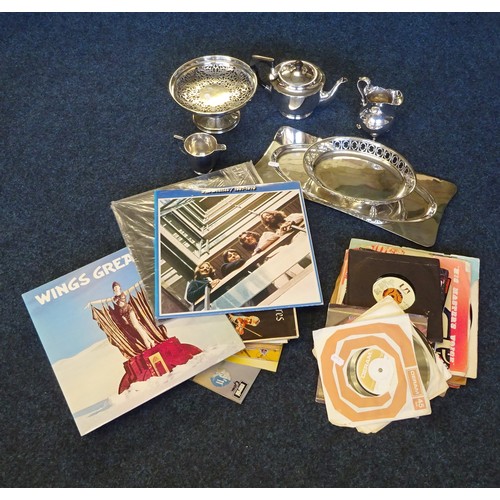 151 - A qty of silver plate; various records incl a Beatles album.