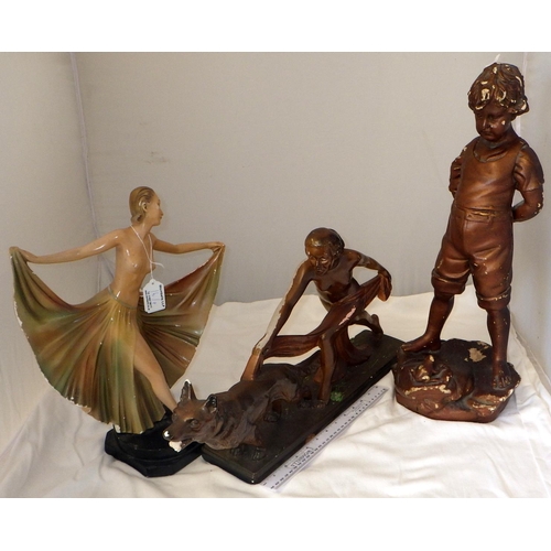 16 - Three plaster figures together with a large Doulton wash bowl AF (4)