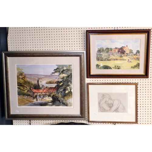 43 - Two framed mirrors, a watercolour and two framed prints (5)