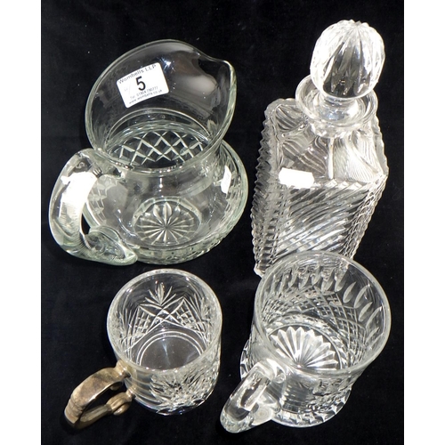 5 - A cut glass decanter together with a jug and two tankards (4)