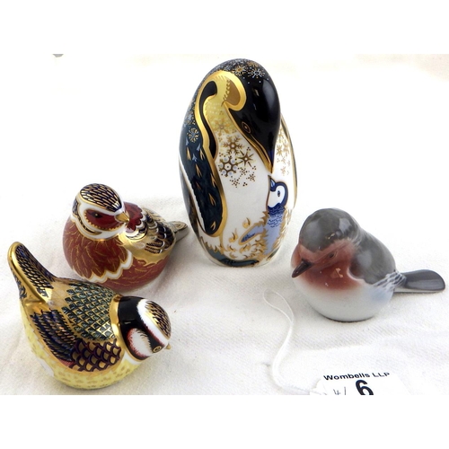 6 - A Royal Crown Derby Penguin & tit (gold),Chaffinch with silver stopper together with a Copenhagen bi... 