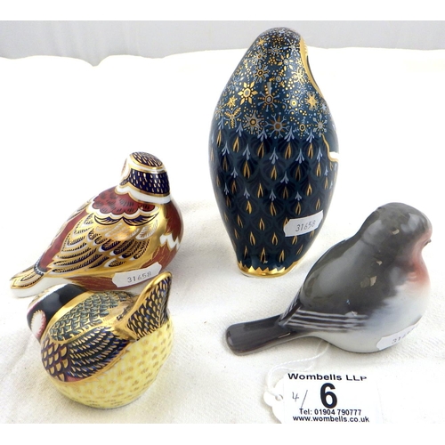6 - A Royal Crown Derby Penguin & tit (gold),Chaffinch with silver stopper together with a Copenhagen bi... 