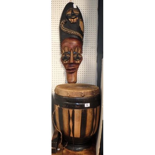 62 - A large drum af together with a large carved Tribal mask 80cm long (2)