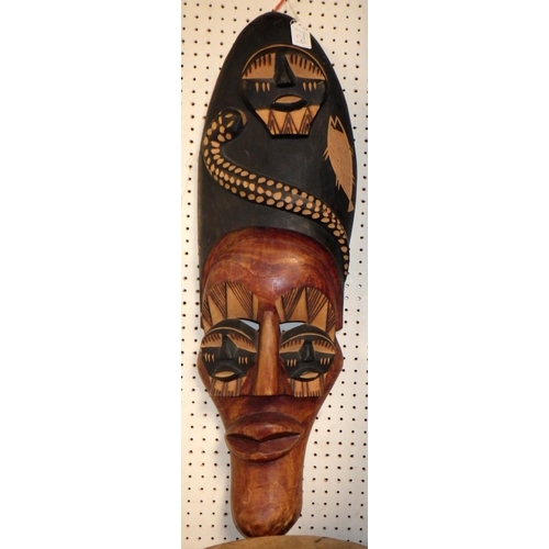 62 - A large drum af together with a large carved Tribal mask 80cm long (2)