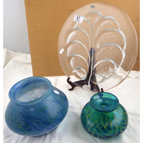 87 - A large Orrefors tray together with a Mdina vase and a Scottish Art glass vase (3)