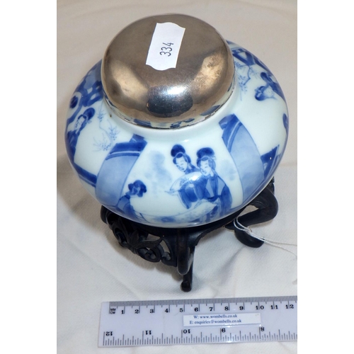 134 - A Chinese blue and white jar having a silver domed lid, the whole on a carved hardwood stand, this a... 