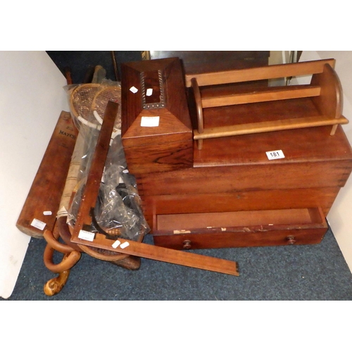 181 - A mahogany box together with a Rosewood tea caddy, misc walking sticks, set square, rackets etc