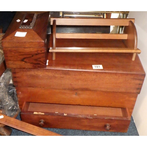 181 - A mahogany box together with a Rosewood tea caddy, misc walking sticks, set square, rackets etc