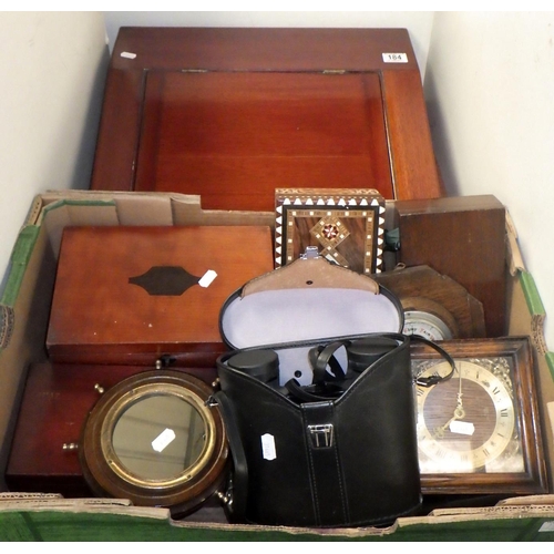 184 - A mahogany writing slope together with misc clocks, boxes, binoculars etc (2)