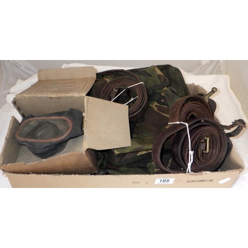 188 - A qty of leather belts, camo bags, gas mask etc