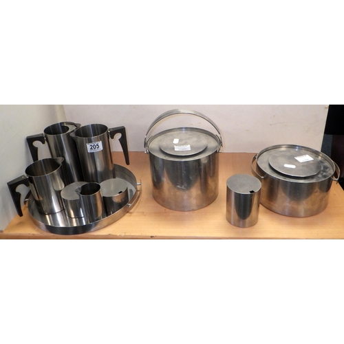 205 - A Stelton-ware 'cylinda line' stainless steel tea and coffee set, stainless steel biscuit barrel and... 