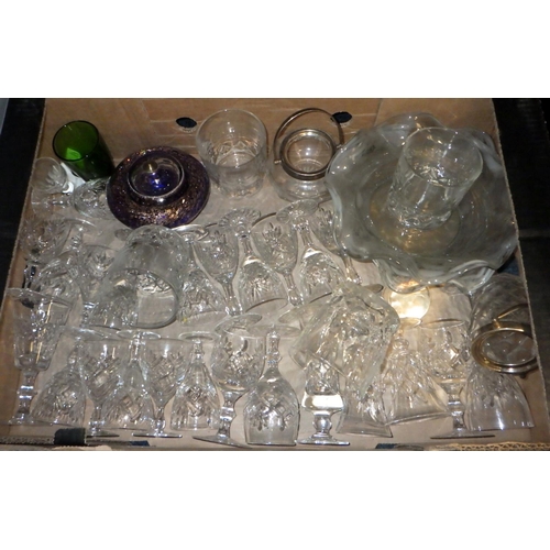 219 - Four boxes of misc glass ware to inc bottles, drinking glasses, trays etc (4)