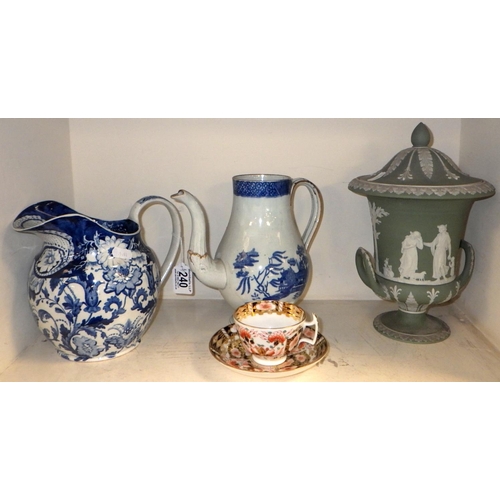 240 - A 19thC transfer printed jug together with a coffee pot (missing lid) and a Deby cup and saucer (hai... 