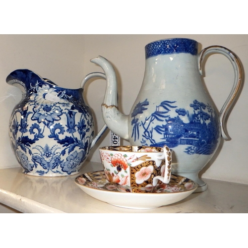 240 - A 19thC transfer printed jug together with a coffee pot (missing lid) and a Deby cup and saucer (hai... 