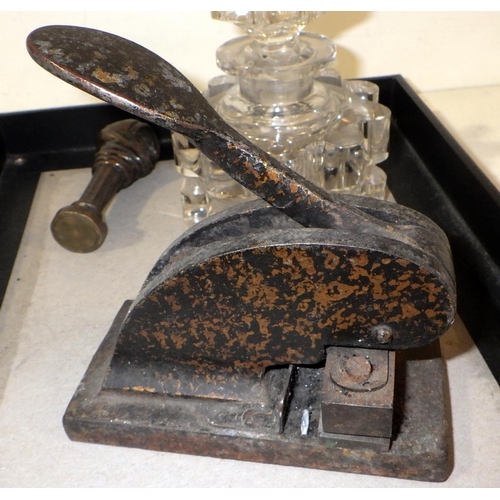 323 - A bronze desk seal, c1900, 90mm tall; a cut glass inkwell; an iron address stamp; a Smith's motoring... 