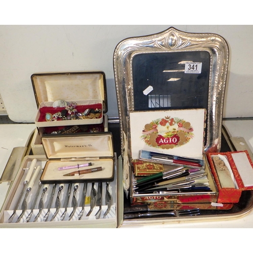 341 - A qty of misc collectables to inc costume jewellery, pens, nibs, frame, soapstone seal, silver handl... 