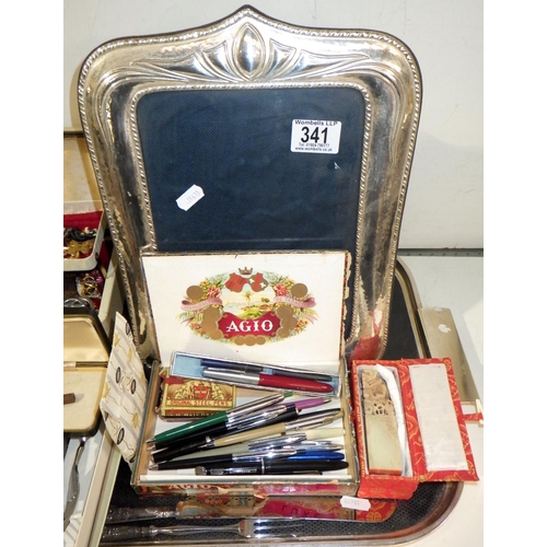 341 - A qty of misc collectables to inc costume jewellery, pens, nibs, frame, soapstone seal, silver handl... 