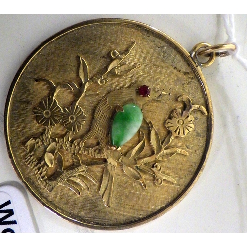 347 - A yellow metal stamped 14k Oriental pendant together with a 585 chain and pendant, total weight 15g,