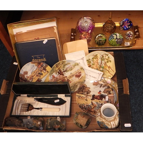 82 - A group of paperweights together with Worcester plates, stamp album, mirror etc