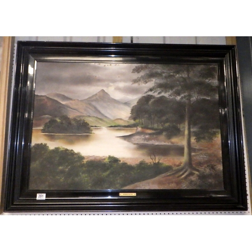 281 - Large painting on canvas of Derewentwater signed T. Warburton - some damage at top