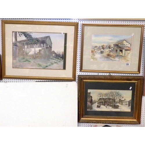 284 - Neil Wingate signed village square watercolour 60 x 50cm, Tom Sykes landscape and an unsigned waterc... 