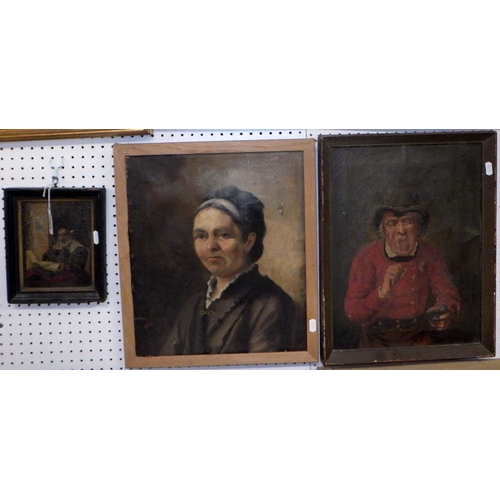 285 - Two 19thC framed oil on canvas portraits together with a small oil on panel of a gentleman reading A... 