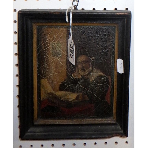 285 - Two 19thC framed oil on canvas portraits together with a small oil on panel of a gentleman reading A... 