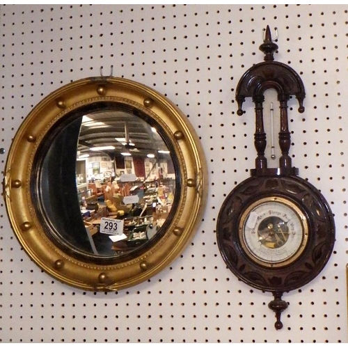 293 - A gilt framed convex mirror 35cm diameter together with a Victorian barometer (2)