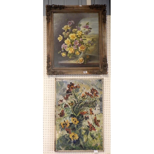 297 - A framed Victor Henandez oil on canvas still life66 x 75 cm inc frame together with a further still ... 