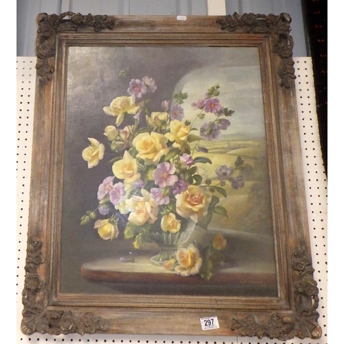 297 - A framed Victor Henandez oil on canvas still life66 x 75 cm inc frame together with a further still ... 