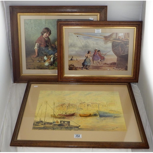 352 - Margaret Shires, Harbour scene watercolour 70 x 53cm inc frame  together with two framed prints (3)