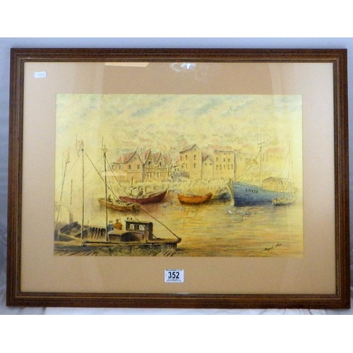 352 - Margaret Shires, Harbour scene watercolour 70 x 53cm inc frame  together with two framed prints (3)