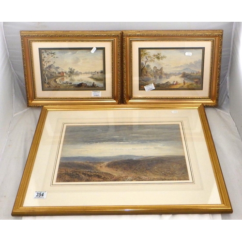 354 - A indistinctly signed moorland scene watercolour  64 x 48cm inc frame together with a pair of unsign... 