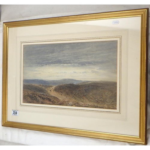 354 - A indistinctly signed moorland scene watercolour  64 x 48cm inc frame together with a pair of unsign... 