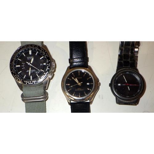 355 - A Citizen Eco drive wristwatch together with Junghans & pulsar watches and a 9ct tie pin (1g)