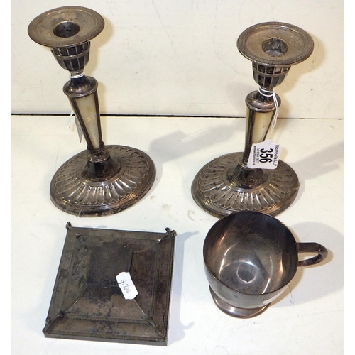 356 - A pair of silver candlesticks together with a silver ink well, cigarette box and a silver cup