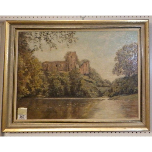 367 - Castle by a river signed F Brown oil on canvas, P Ashby cathedral town oil on board (2)