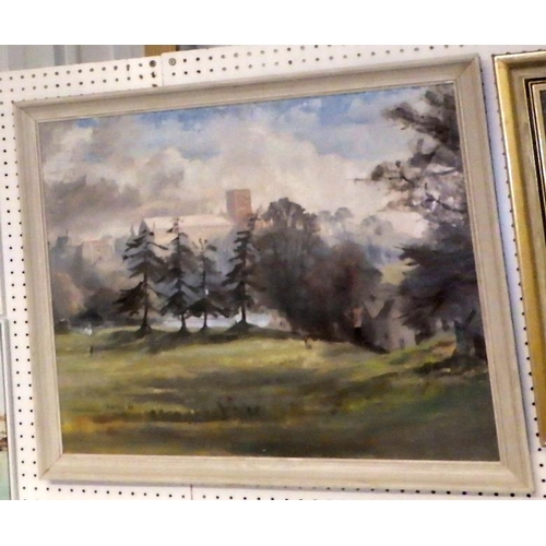 367 - Castle by a river signed F Brown oil on canvas, P Ashby cathedral town oil on board (2)