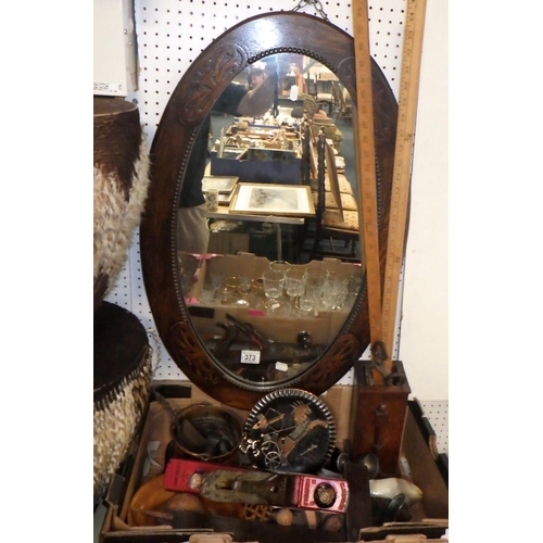 373 - An oval oak framed mirror together with misc collectables, drums, Marples plane and glass ware (qty)