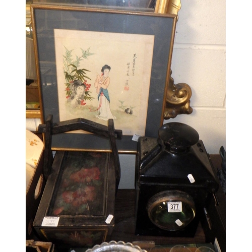 377 - An over painted BR (M) railway lamp together with a floral painted wooden box and a Oriental picture... 