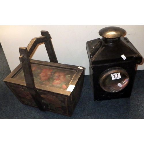 377 - An over painted BR (M) railway lamp together with a floral painted wooden box and a Oriental picture... 