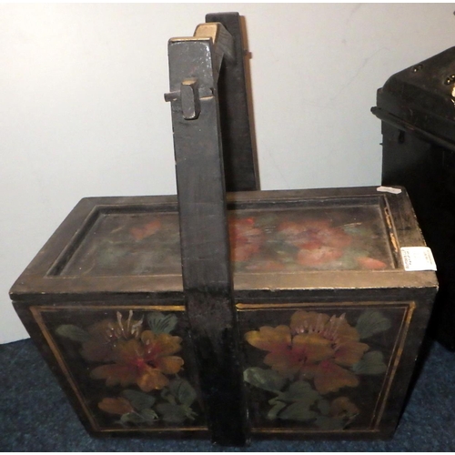 377 - An over painted BR (M) railway lamp together with a floral painted wooden box and a Oriental picture... 