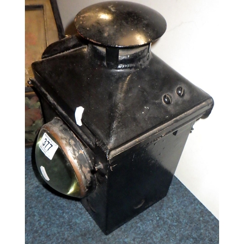 377 - An over painted BR (M) railway lamp together with a floral painted wooden box and a Oriental picture... 